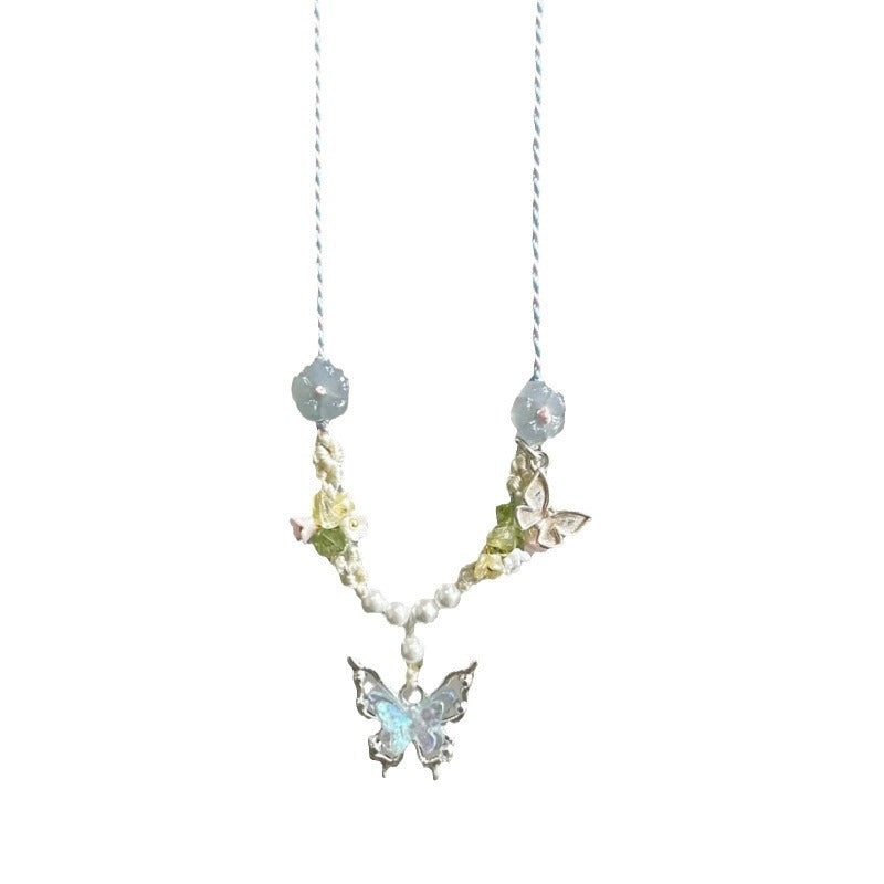 Women's Accessories Crystal Blue Small Butterfly Hand-knitted Rope Necklace