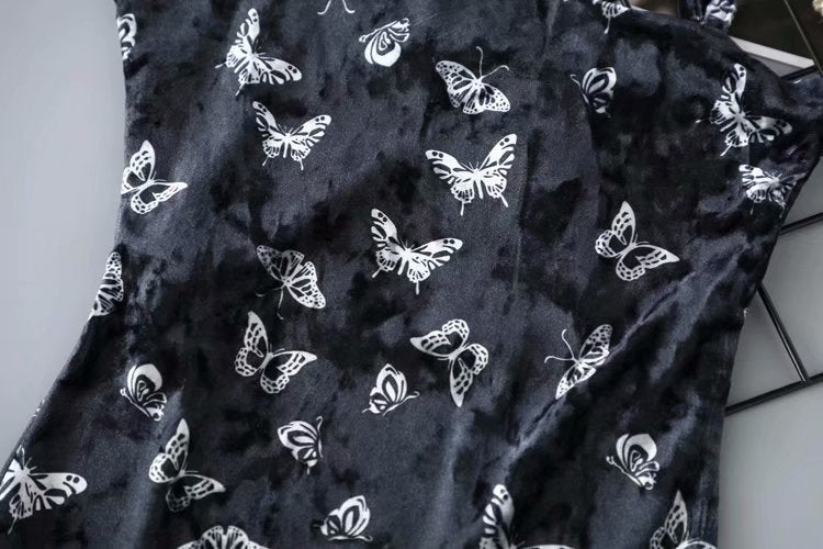 Sexy vintage retro velvet butterfly dress tight club mini dress black strap dress