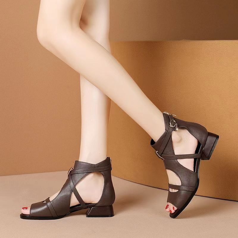 Low Heel Chunky Heel Sandals Hollow Fish Mouth High Top