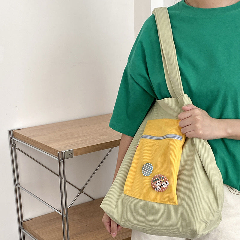 Corduroy Contrast Color Large Capacity Casual Shoulder Bag