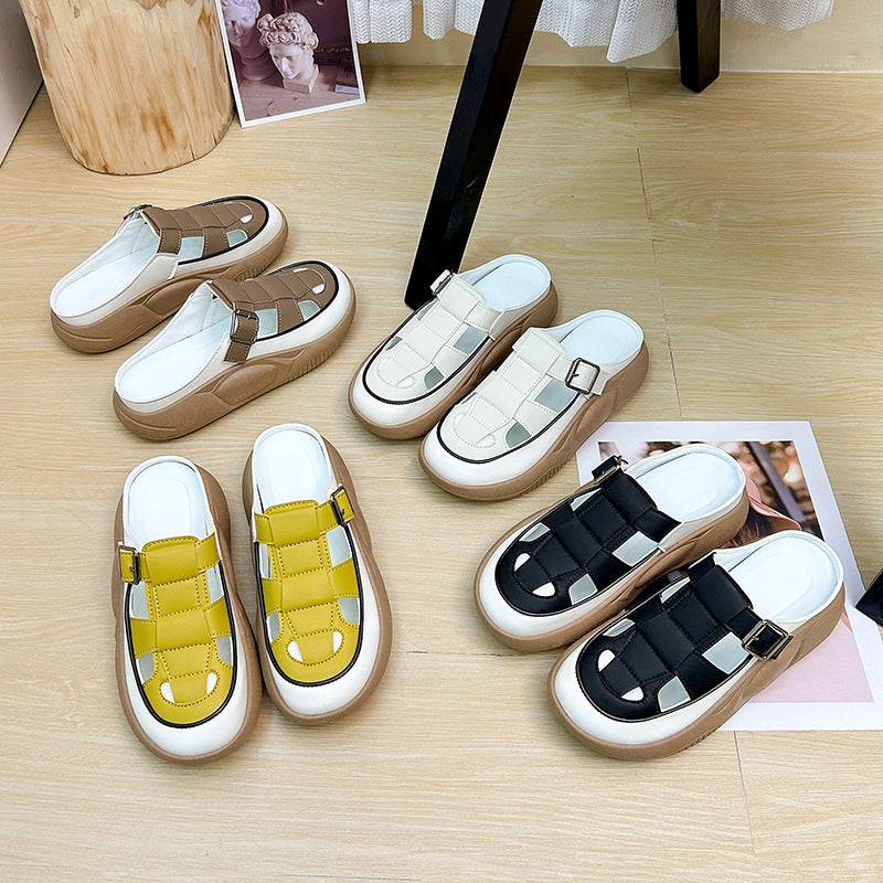 Thick-soled Closed-toe Slippers Summer Outdoor Garden Hollow Buckle Slide Sandals Casual Beach Shoes