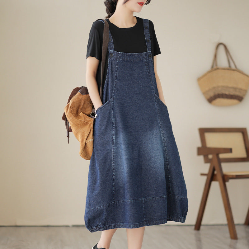 Spring And Summer New Style Slim Denim Strap Dress With Medium Length Loose Fit