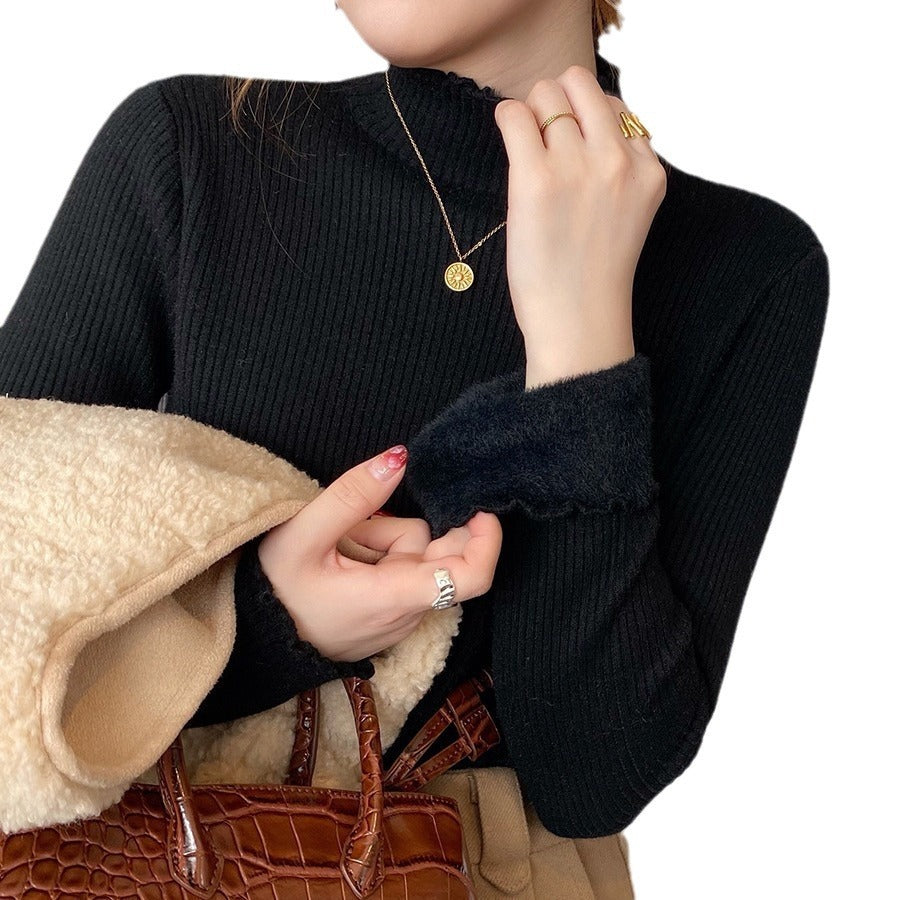 Women's Autumn And Winter Fleece-lined Mock Neck Sweater Knitwear Top