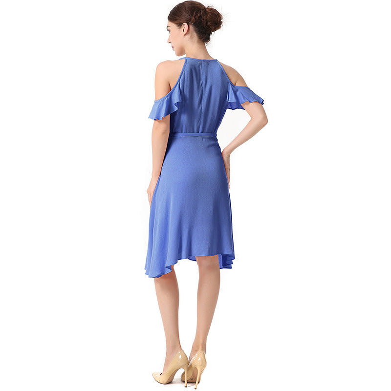 Solid Color Wrap Dress With Sling Straps And Ruffles