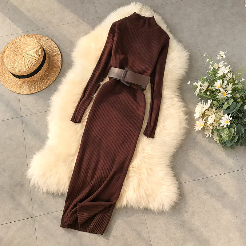 Fall and winter turtleneck sweater dress at the waist