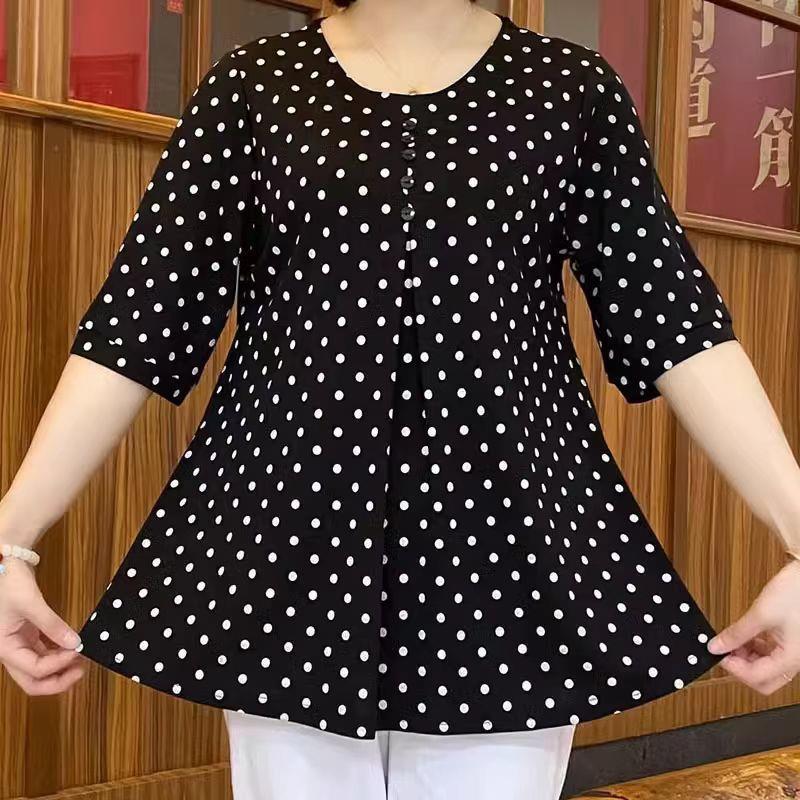 Round Neck Temperament Youthful-looking Korean Style Plus Size Medium Long Shirt Women's Polka Dot T-shirt