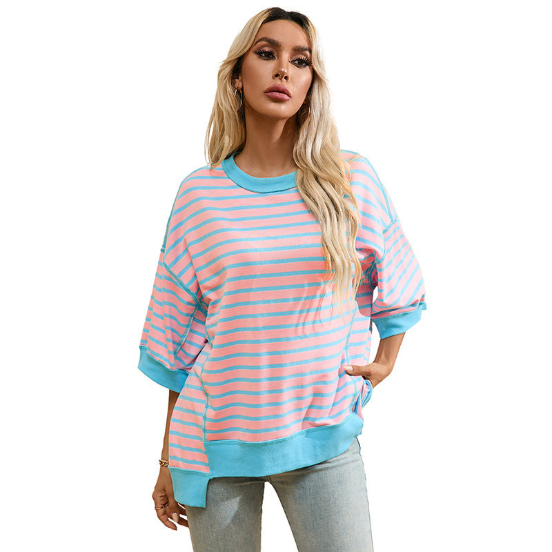 Women's Striped Color Matching Short-sleeved T-shirt