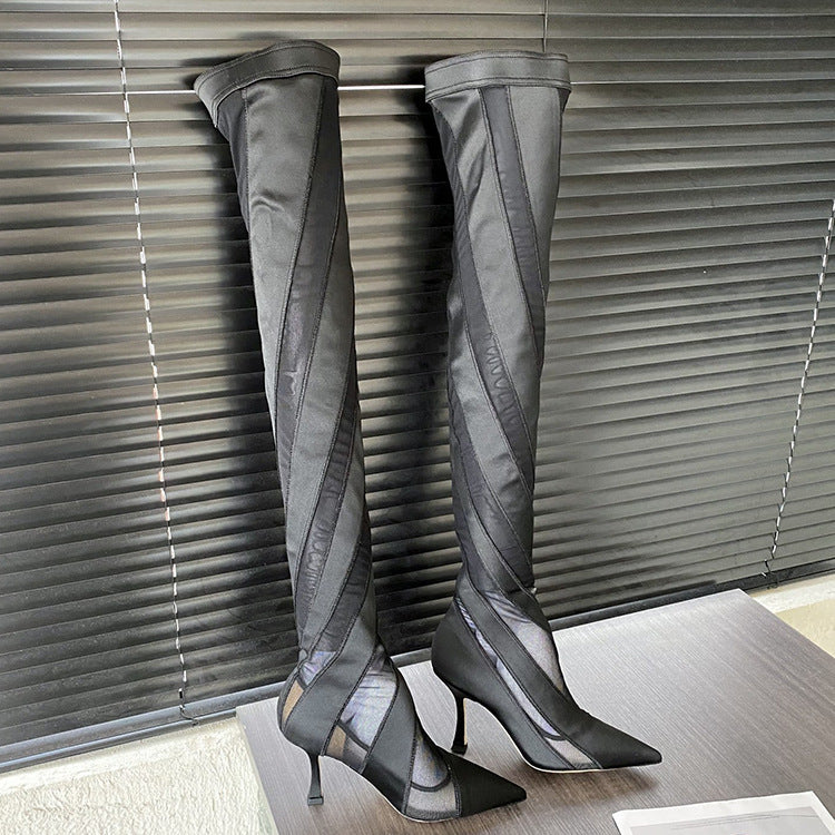 Pointed High Heel Elastic Thread Stitching Mesh Long Tube Over The Knee Boots