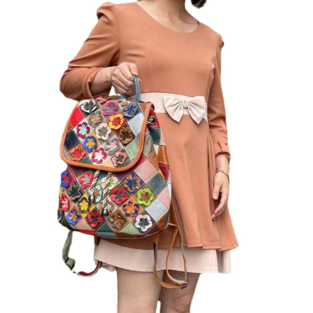 Women's Fashion Casual Rhombus Color Matching Leather Backpack