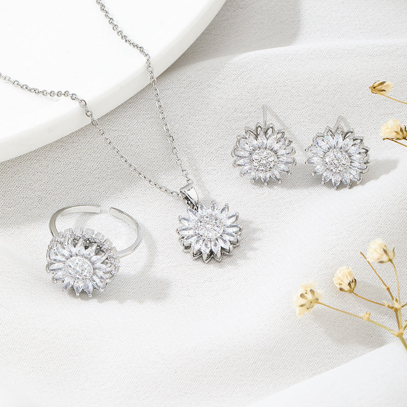 Classic Charm Sunflower Flower Stainless Steel Necklace Earrings Fashion Exquisite Micro Seed Jewelry Ring
