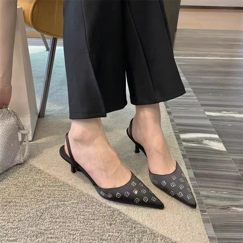Rhinestone Letters Satin Slingback Pointed-toe Hollowed Stiletto Sexy High Heel Toe Box Sandals