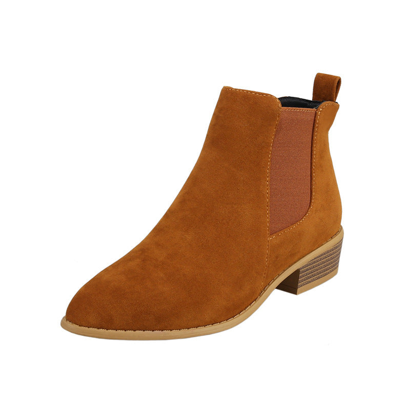 British Solid Color Suede Pointed Square Heel Martin Boots