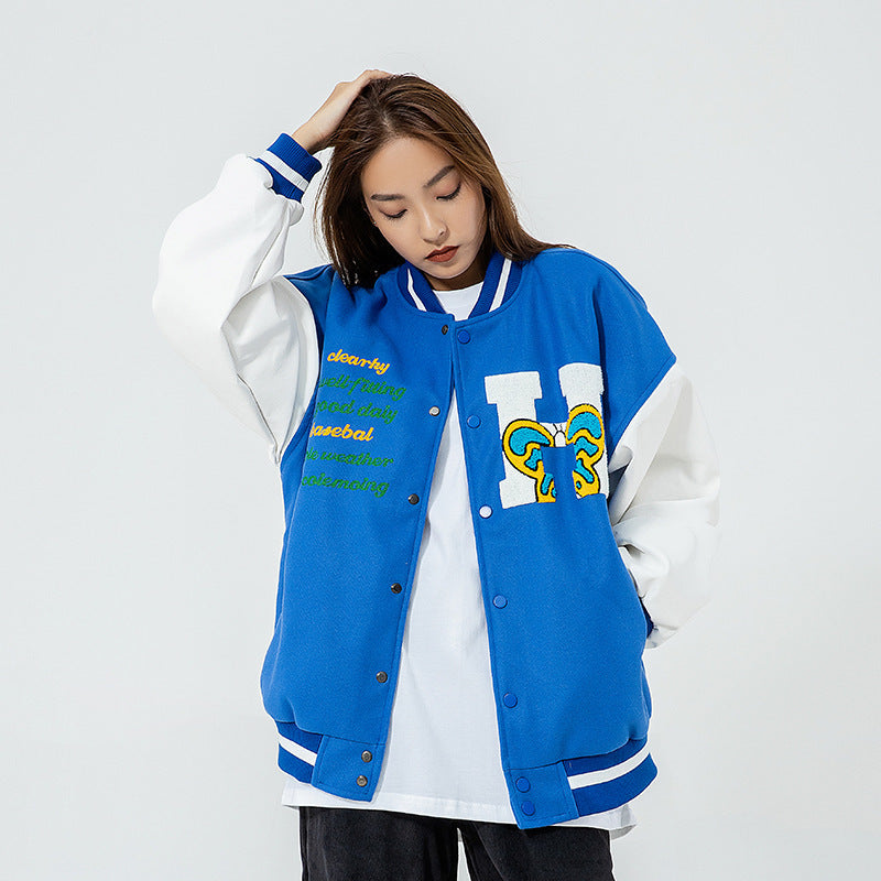 Color Matching Embroidered Couple Baseball Jacket Loose Coat