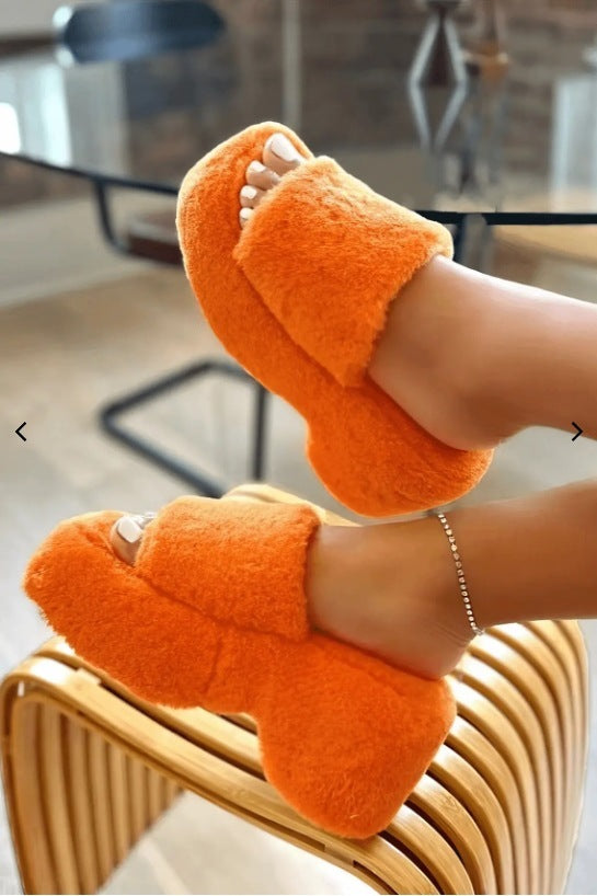 Square Head Fleece-lined Thick Slippers Warm Women