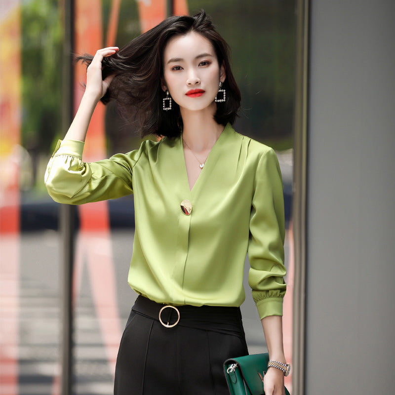 V-neck Solid Color Long-sleeved Shirt Female Professional Temperament