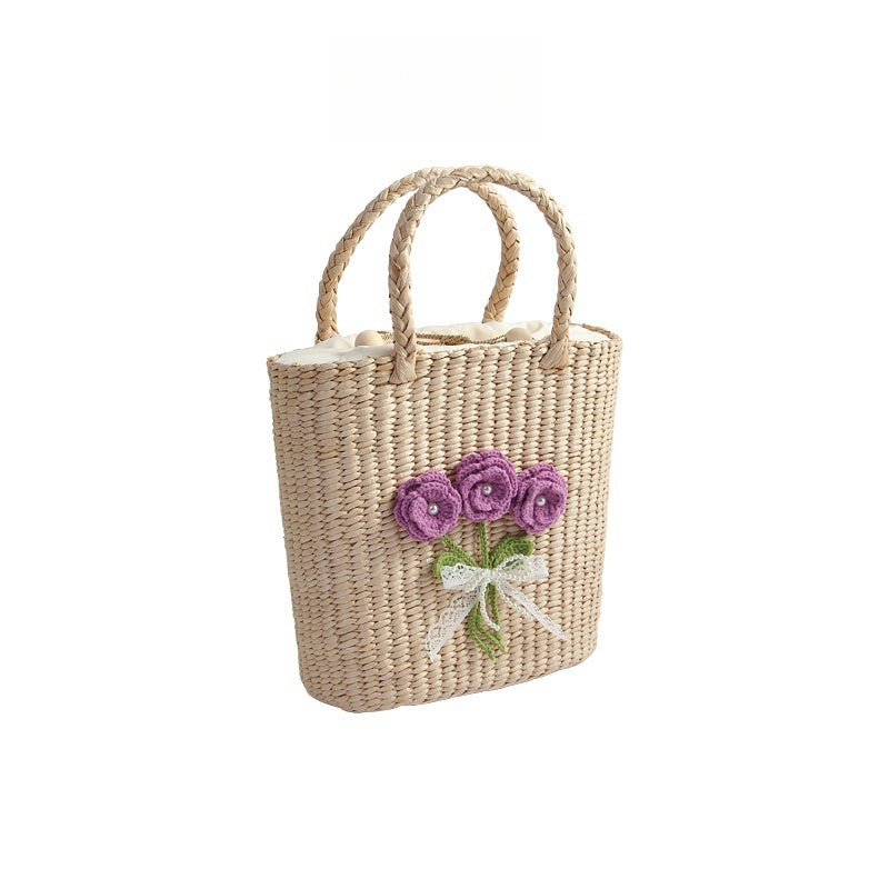Casual Hand-woven Straw Bag Verticle Square Flower Purple