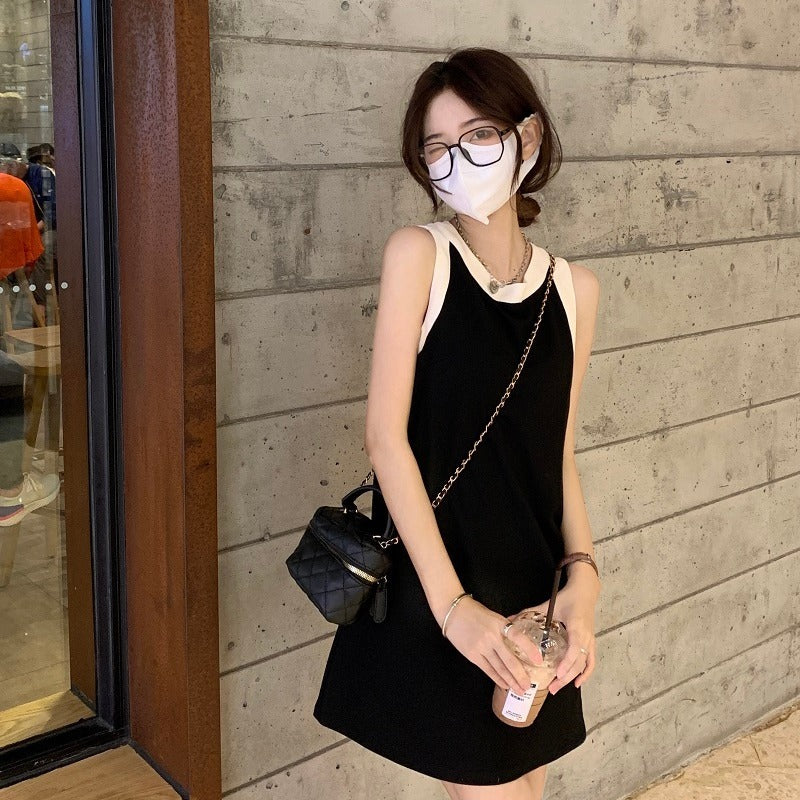 Loose Casual Color Contrast Round Neck Sleeveless Dress