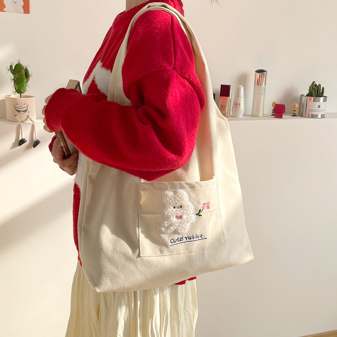 Embroidered Canvas Large Capacity Shopping Bag