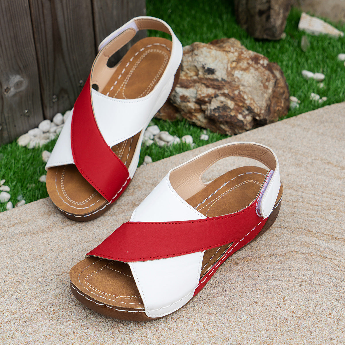 Summer Wedges Sandals With Colorblock Cross-strap Design Casual Thick-soled Roman Shoes For Women