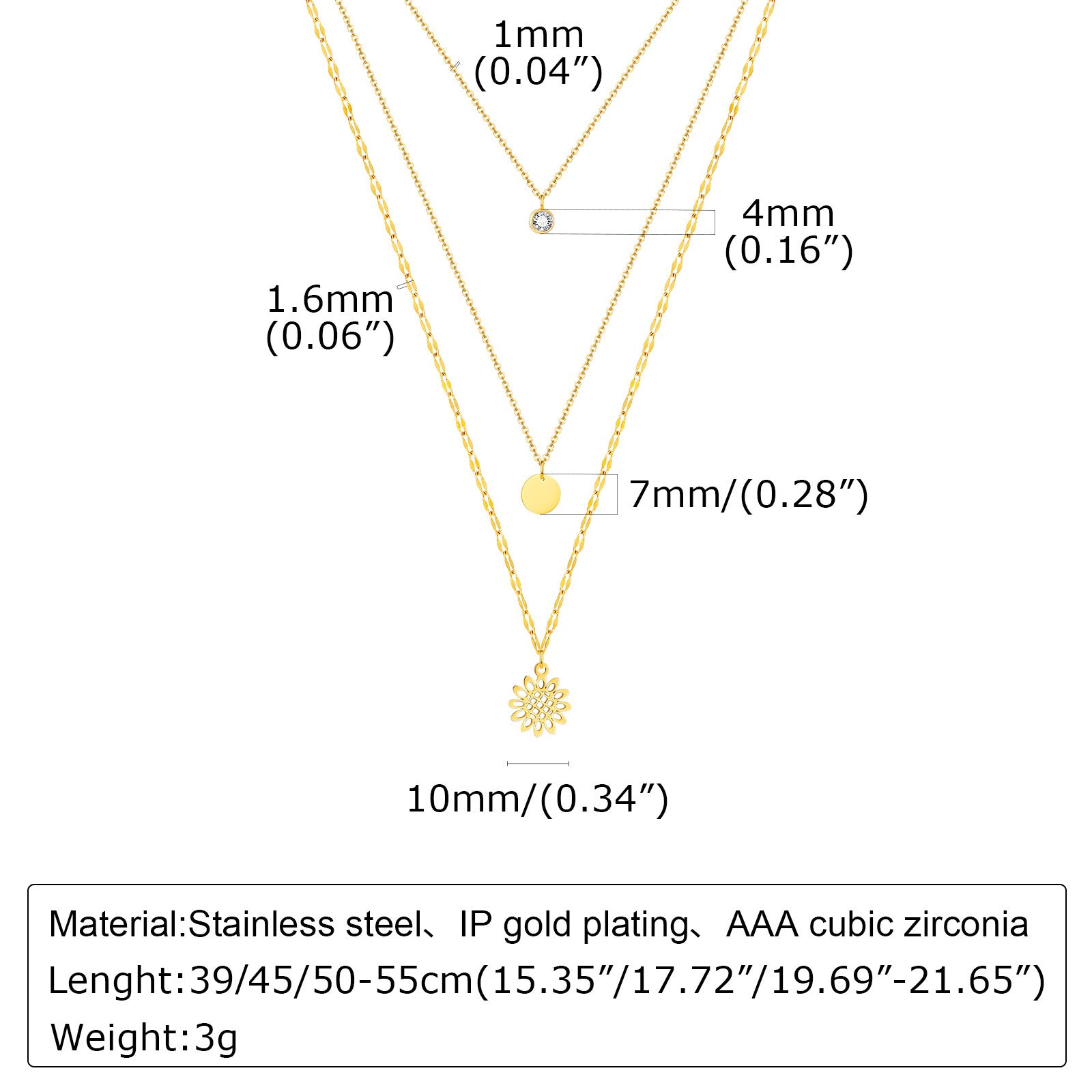Stainless Steel Women's Design Sunflower Zircon Round Brand Three-layer Twin Necklace
