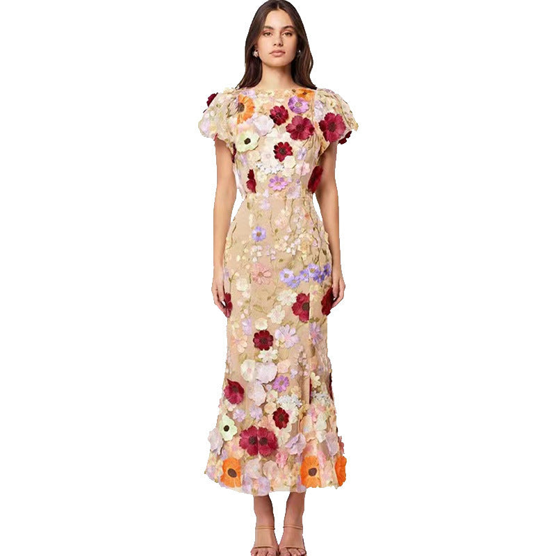 Women's Round Neck Embroidered Three-dimensional Flower Mid-length Dress