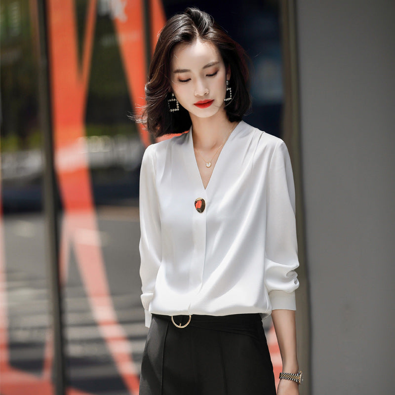 V-neck Solid Color Long-sleeved Shirt Female Professional Temperament