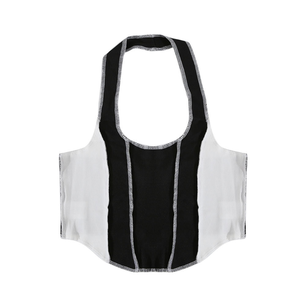 Black And White Contrast Color Exposed Navel Sexy Slim-fitting Vest With A Blouse