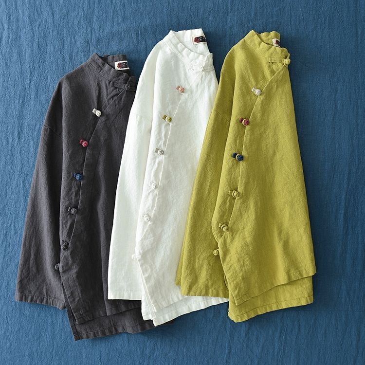 Women's Cotton Linen Stand Collar Button Up Shirt Top