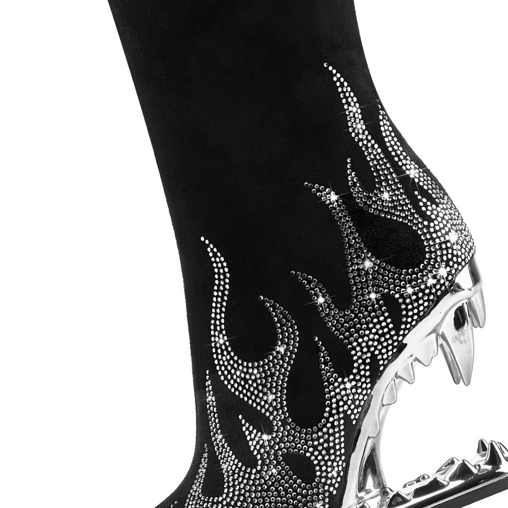 European And American Style Tiger Tooth Profiled Heel Skinny Stretch Boots Rhinestone Flame