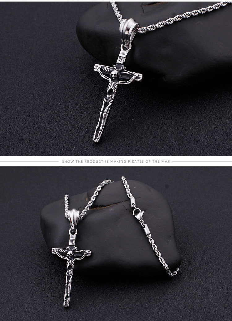 Retro Fashion Jewelry Cross Pendant Personality Cool Skull Men's Stainless Steel Pendant