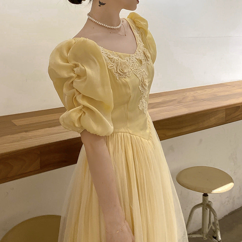 French Small Number Of Satin Dress For Women, Waistline Shows Thin Mesh Splicing Princess Skirt