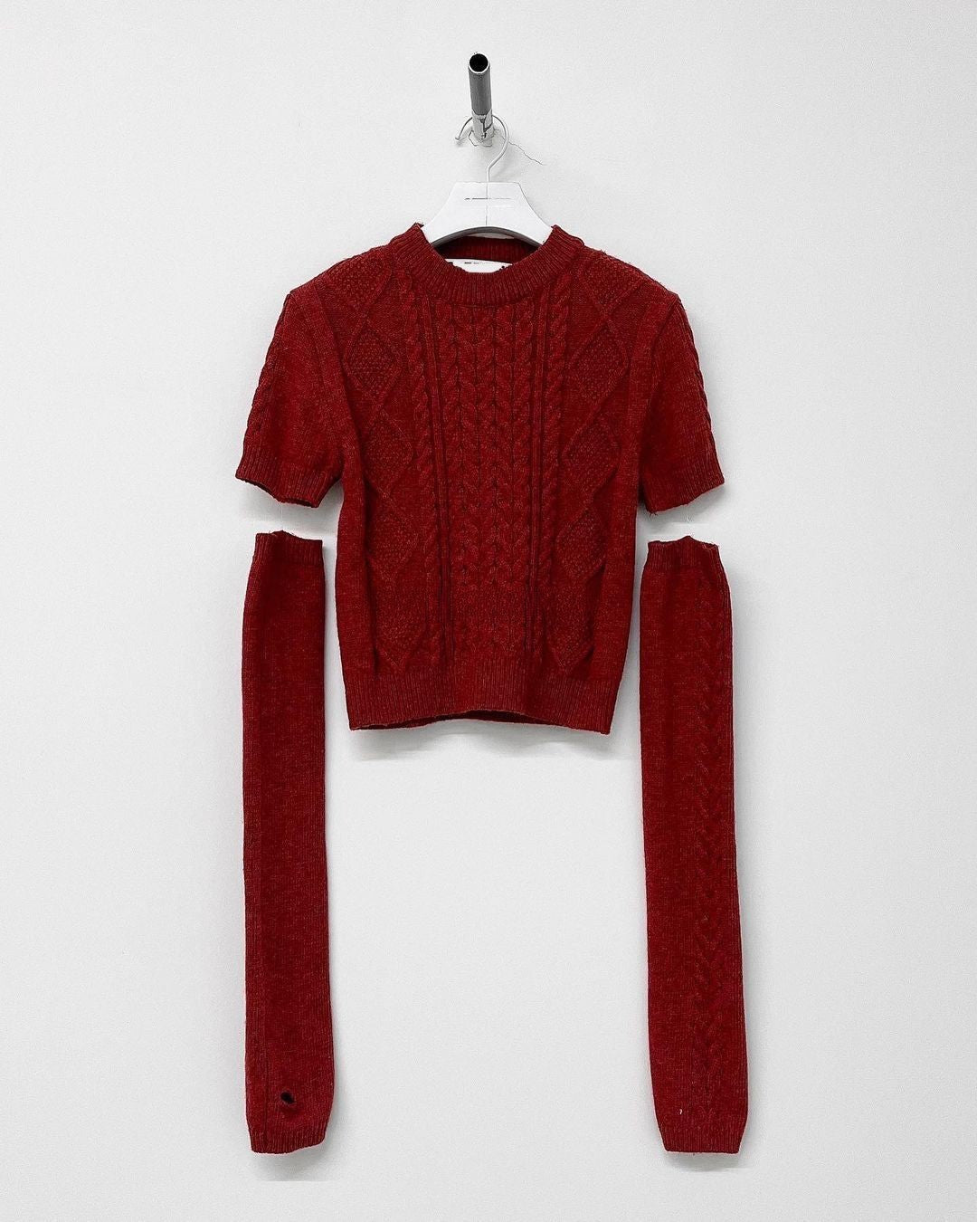 Vintage Red Short Crewneck Slim Short-sleeved Sweater