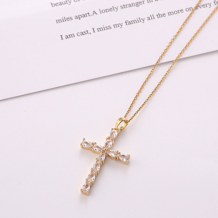 Plating Micro Inlaid Colorful Zircon Water Drop Cross Necklace