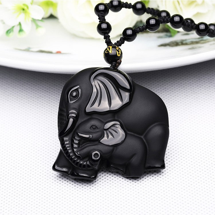 Obsidian Wealth-absorbing Elephant Pendant Necklace