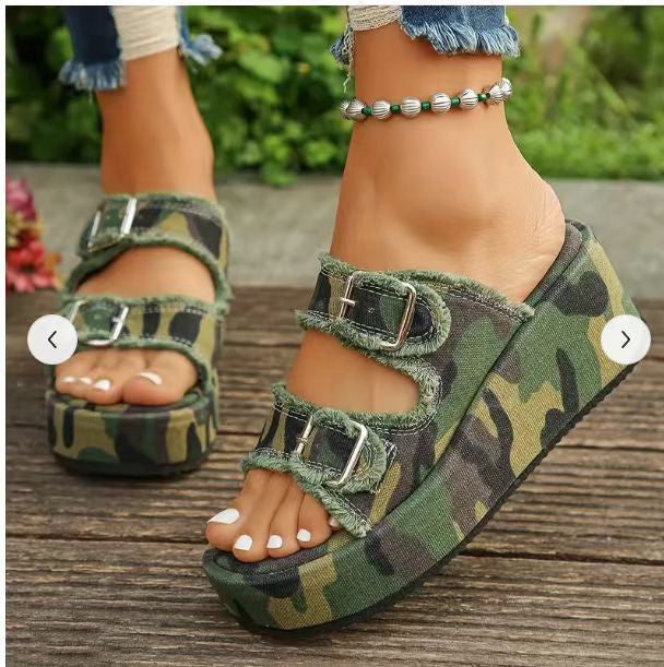 Fashion Denim Buckle Wedges Sandals Summer Outdoor High Heel Slippers Thick Bottom Shoes For Women