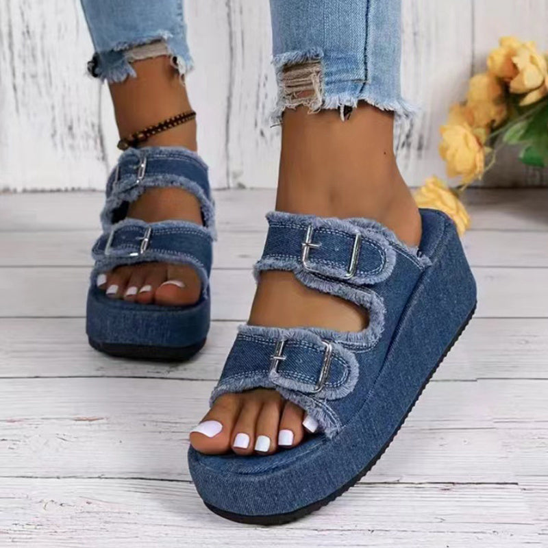Fashion Denim Buckle Wedges Sandals Summer Outdoor High Heel Slippers Thick Bottom Shoes For Women