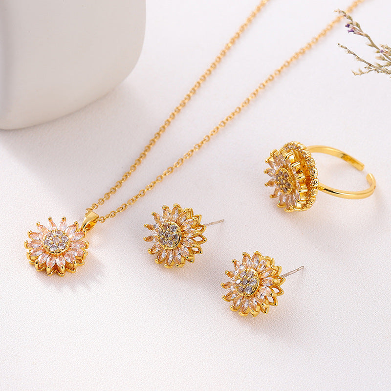Classic Charm Sunflower Flower Stainless Steel Necklace Earrings Fashion Exquisite Micro Seed Jewelry Ring