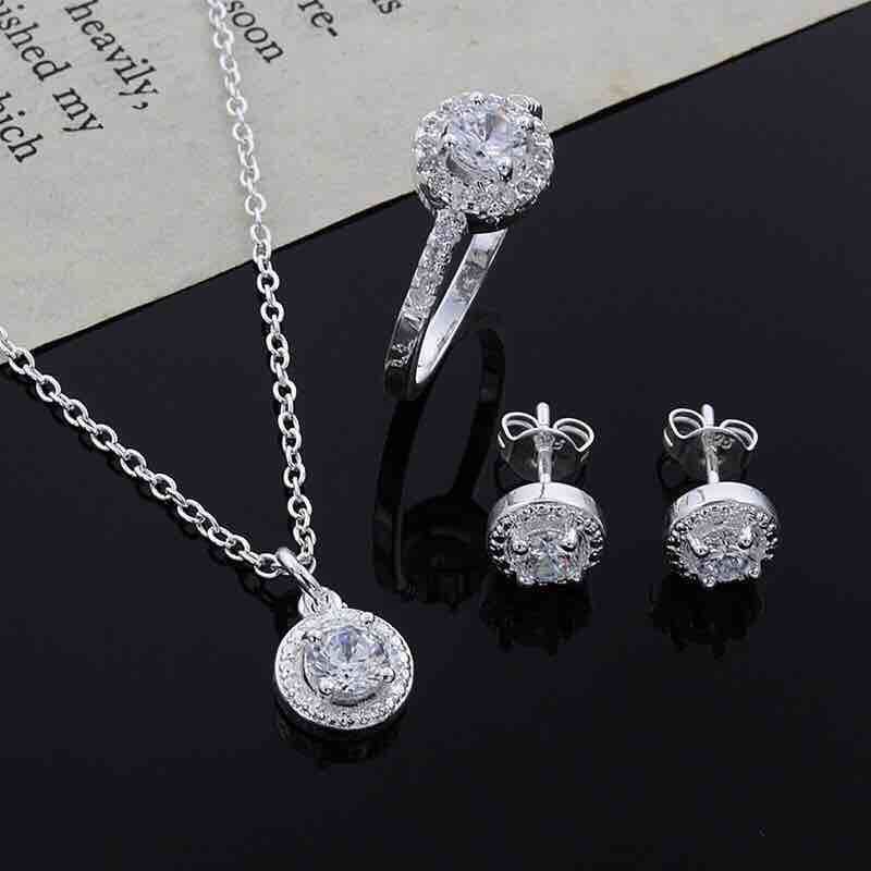 Zircon Silver Accessories Necklace Ring Earrings Suit