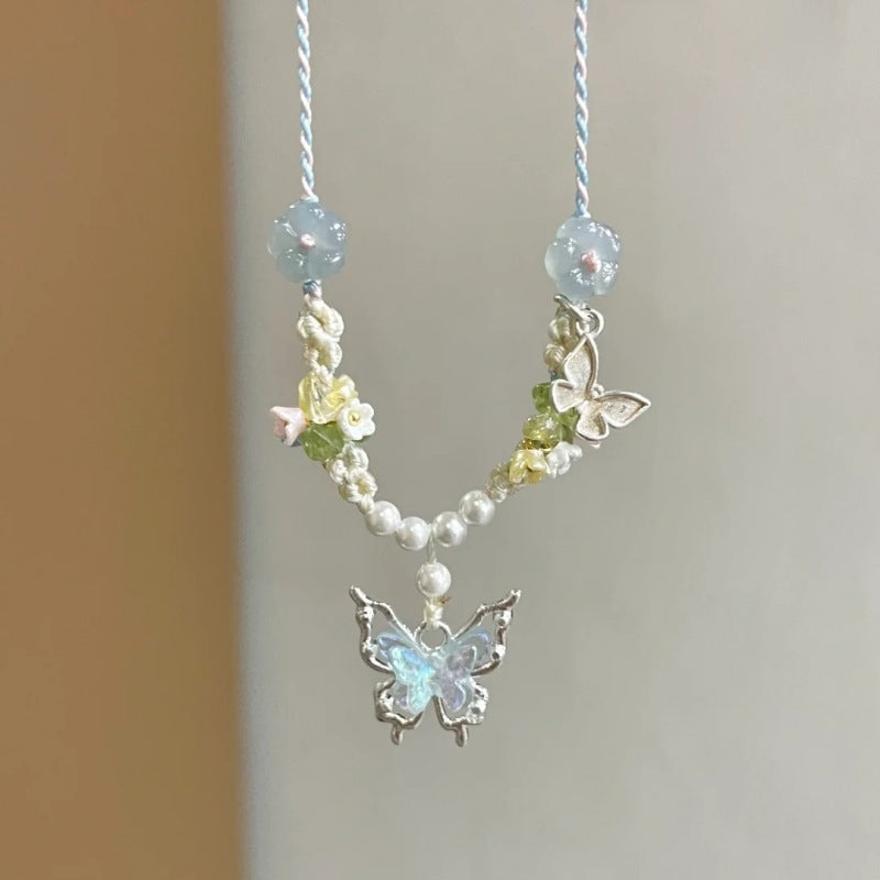 Women's Accessories Crystal Blue Small Butterfly Hand-knitted Rope Necklace