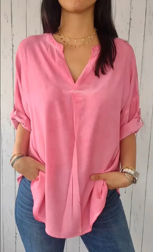 Women's Spring And Autumn V-neck Cotton And Linen Pure Plus Size Shirt