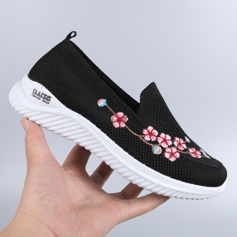 Flower Embroidery Flats Summer Walking Shoes Women's Mesh Breathable Casual Shoes