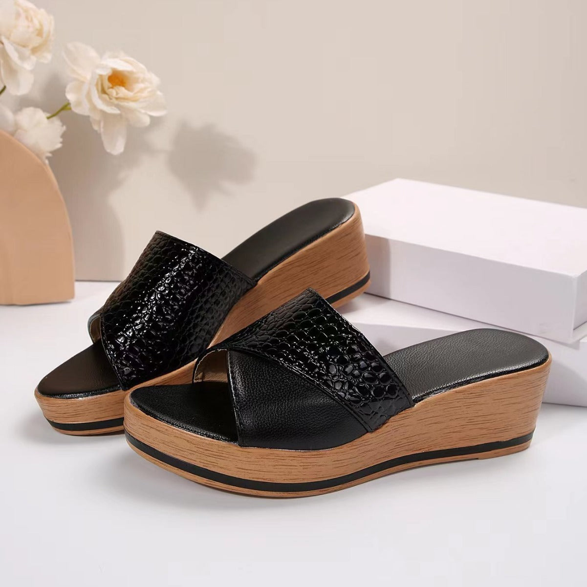 Fashion Snake-texture Wedges Sandals Summer Casual Peep-toe Thick Sole Heightening Slippers Outdoor Slides Shoes Women