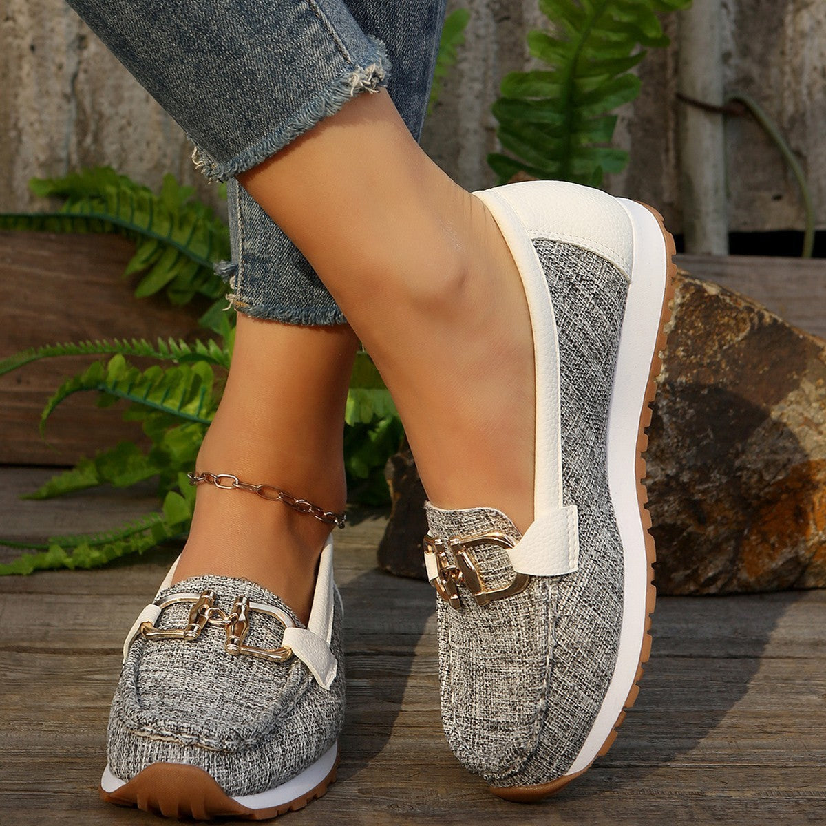 Summer New Metal Buckle Flat Casual Cloth Cover Pumps