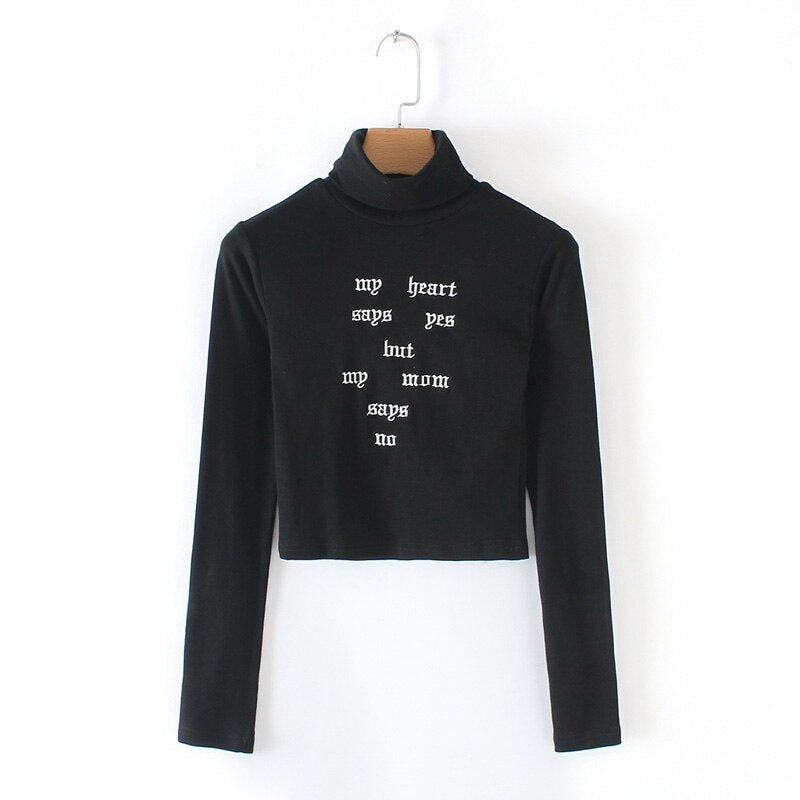 European and American street style letters embroidered tight-fitting navel long-sleeved high-neck short T-shirt female bottoming shirt