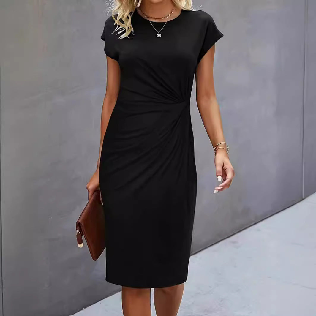 Women's Casual Tight Front Knot Round Neck Mid-length Dress