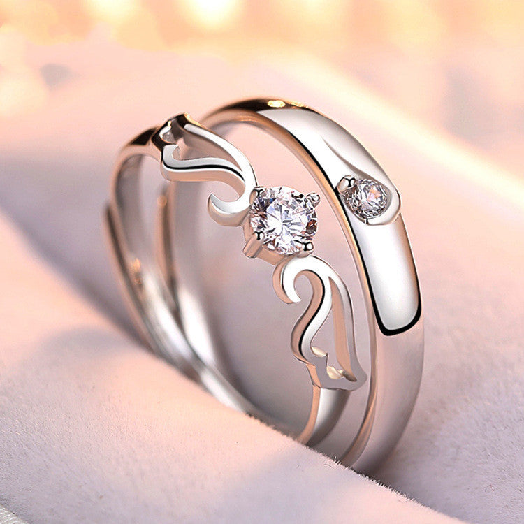 Silver Angel Wings Diamond Couple Ring