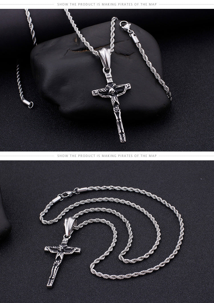 Retro Fashion Jewelry Cross Pendant Personality Cool Skull Men's Stainless Steel Pendant