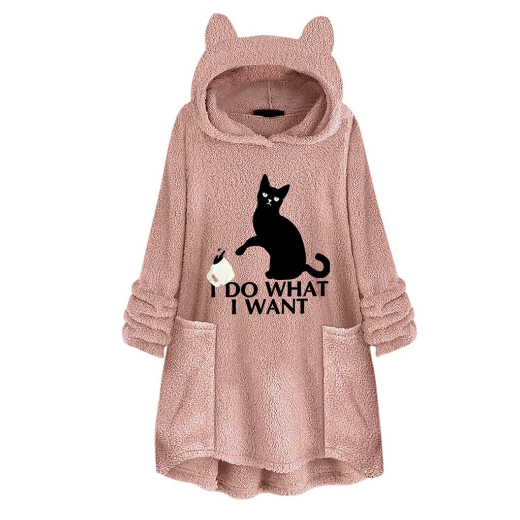 Hooded Pullover Cat Print Long Sleeved Reversible Velvet Sweater