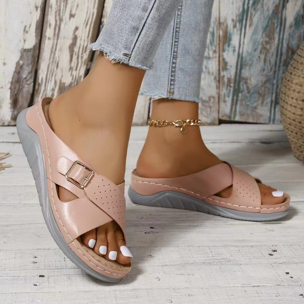 New Buckle Cross-design Slippers Summer Wedges Sandals Fashion Women's Beach Shoes