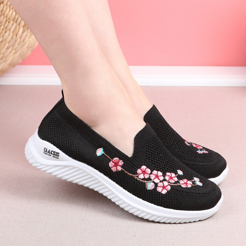 Flower Embroidery Flats Summer Walking Shoes Women's Mesh Breathable Casual Shoes